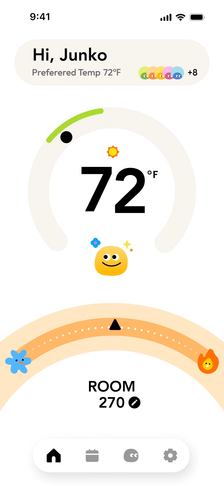 Shared room home screen with preferred temperature and group avatars
