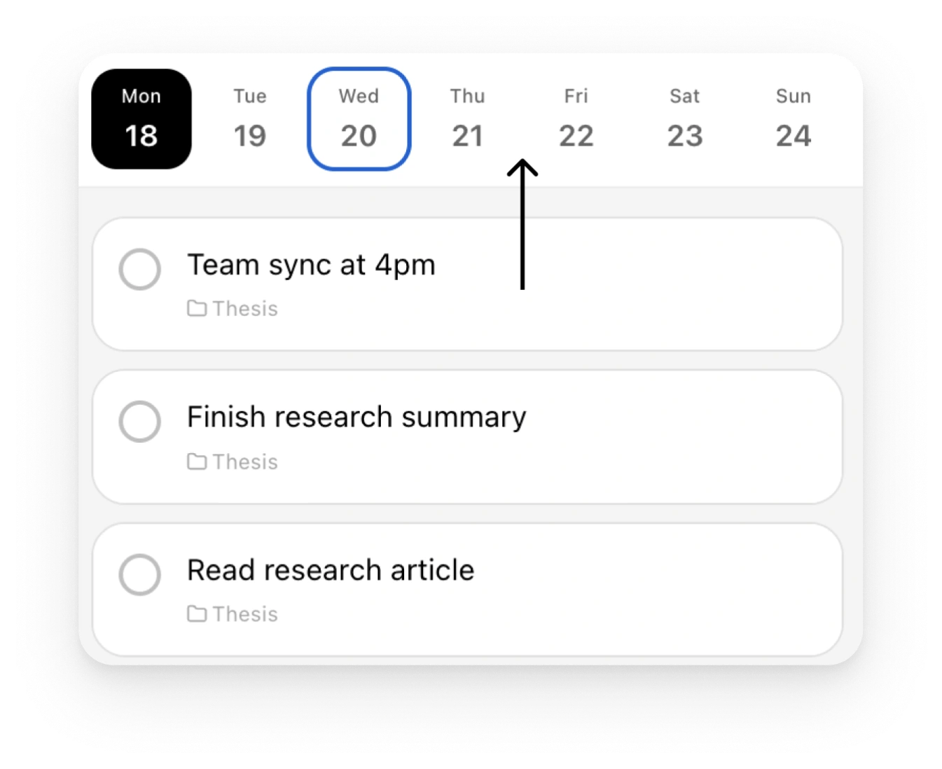 Annotated design iteration showing a task dragged to another day in the date strip