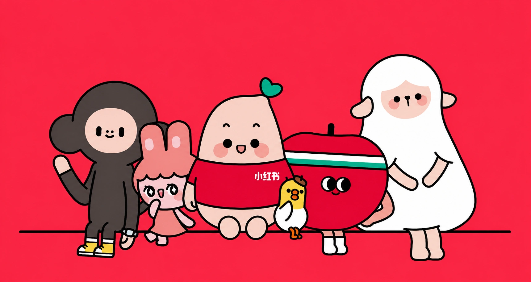 Xiaohongshu’s illustrated characters on a red background